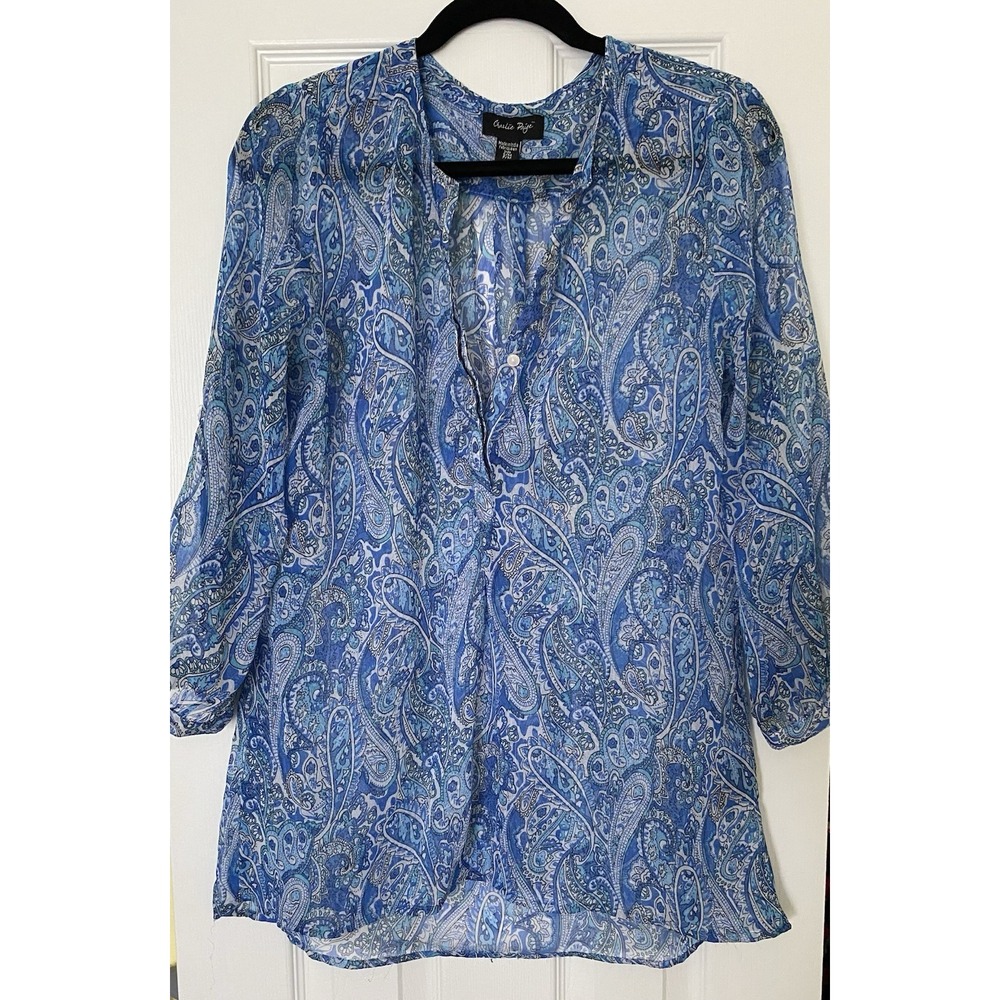 Charlie Paige top sz S Blue White Paisley Sheer Coastal Boho Cottagecore‎ ET48